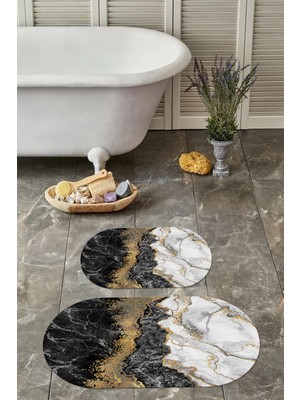 Napoli Home Dijital Yıkanabilir Kaymaz Mermer Model Oval Banyo Paspası Klozet Takımı, Klozet-55-Gri,