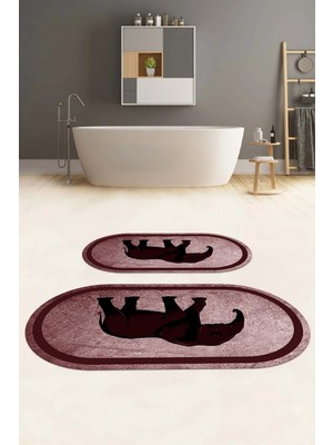 Napoli Home Dijital Baskılı Yıkanabilir Kaymaz Fil Figürlü Oval Banyo Paspası Klozet Takımı, Klozet-58-Bordo,