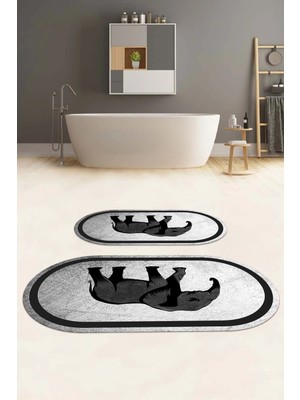 Napoli Home Dijital Baskılı Yıkanabilir Kaymaz Fil Figürlü Oval Banyo Paspası Klozet Takımı, Klozet-58-Gri,
