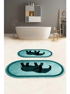 Napoli Home Dijital Baskılı Yıkanabilir Kaymaz Fil Figürlü Oval Banyo Paspası Klozet Takımı, Klozet-58-Turkuaz,