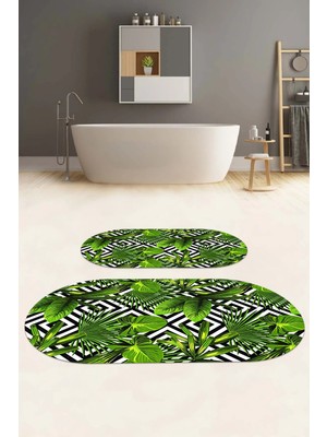 Napoli Home Dijital Baskılı Yıkanabilir Klasik Çiçek Desenli Oval Banyo Paspası Klozet Takımı, Klozet-60-Yeşil,