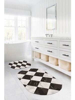 Napoli Home Dijital Yıkanabilir Mermer Zemin Desenli Oval Banyo Paspası Klozet Takımı, Klozet-78-Vizon,