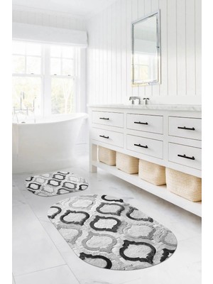 Napoli Home Dijital Baskılı Yıkanabilir Kaymaz Kupa Modelli Oval Banyo Paspası Klozet Takımı, Klozet-79-Gri,