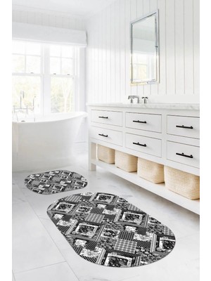 Napoli Home Dijital Yıkanabilir Klasik Çiçek Desenli Oval Banyo Paspası Klozet Takımı, Klozet-80-Gri,