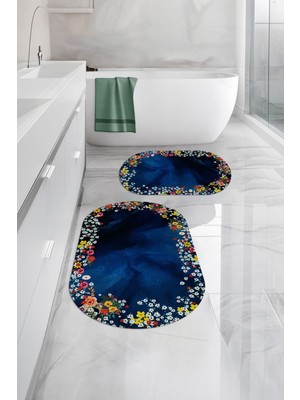 Napoli Home Dijital Yıkanabilir Renkli Çiçek Desenli Oval Banyo Paspası Klozet Takımı, Klozet-90-Lacivert,