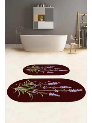 Napoli Home Dijital Baskılı Yıkanabilir Sade Çiçek Desenli Oval Banyo Paspası Klozet Takımı, Klozet-61-Bordo,