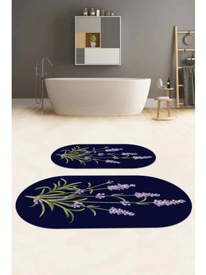 Napoli Home Dijital Baskılı Yıkanabilir Sade Çiçek Desenli Oval Banyo Paspası Klozet Takımı, Klozet-61-Lacivert,