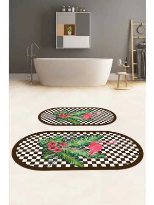 Napoli Home Dijital Yıkanabilir Kaymaz Flamingo Desenli Oval Banyo Paspası Klozet Takımı, Klozet-62-Kahve,