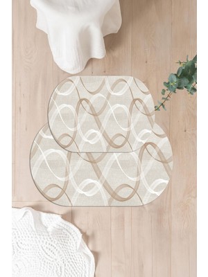 Napoli Home Dijital Yıkanabilir Kaymaz Sade Modern Klasik Oval Banyo Paspası Klozet Takımı, Klozet-98-Bej,