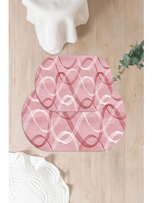 Napoli Home Dijital Yıkanabilir Kaymaz Sade Modern Klasik Oval Banyo Paspası Klozet Takımı, Klozet-98-Pembe,