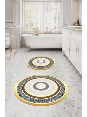 Napoli Home Dijital Yıkanabilir Kaymaz Klasik Model Yuvarlak Banyo Paspası Klozet Takımı, Klozet-53-Gold,