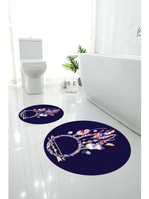 Napoli Home Dijital Yıkanabilir Kaymaz Kuş Tüyü Desenli Yuvarlak Banyo Paspası Klozet Takımı, Klozet-92-Mor,