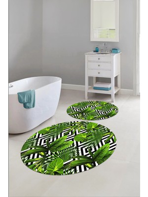 Napoli Home Baskılı Yıkanabilir Klasik Çiçek Desenli Yuvarlak Banyo Paspası Klozet Takımı, Klozet-60-Yeşil,