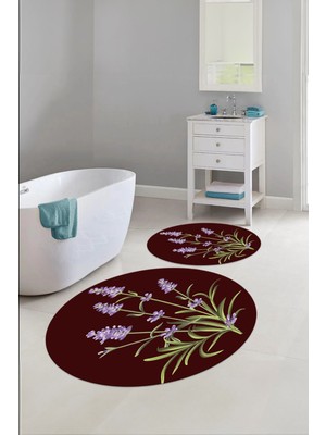 Napoli Home Baskılı Yıkanabilir Sade Çiçek Desenli Yuvarlak Banyo Paspası Klozet Takımı, Klozet-61-Bordo,