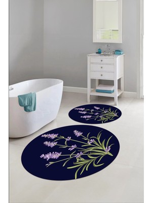 Napoli Home Baskılı Yıkanabilir Sade Çiçek Desenli Yuvarlak Banyo Paspası Klozet Takımı, Klozet-61-Lacivert,