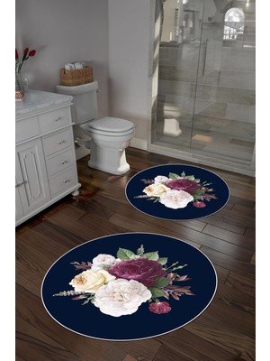 Napoli Home Dijital Yıkanabilir Kaymaz Çiçek Motifli Yuvarlak Banyo Paspası Klozet Takımı, Klozet-65-Lacivert,