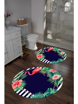 Napoli Home Dijital Yıkanabilir Renkli Flamingo Desen Yuvarlak Banyo Paspası Klozet Takımı, Klozet-67-Lacivert,