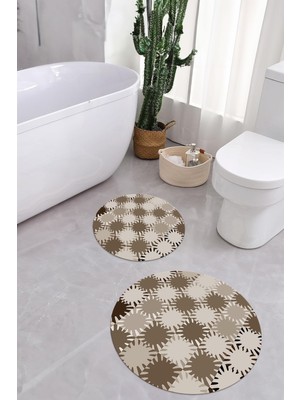 Napoli Home Baskılı Yıkanabilir Kaymaz Sade Modern Yuvarlak Banyo Paspası Klozet Takımı, Klozet-75-Kahve,