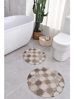 Napoli Home Baskılı Yıkanabilir Kaymaz Sade Modern Yuvarlak Banyo Paspası Klozet Takımı, Klozet-75-Vizon,