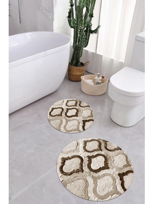 Napoli Home Baskılı Yıkanabilir Kaymaz Kupa Modelli Yuvarlak Banyo Paspası Klozet Takımı, Klozet-79-Kahve,