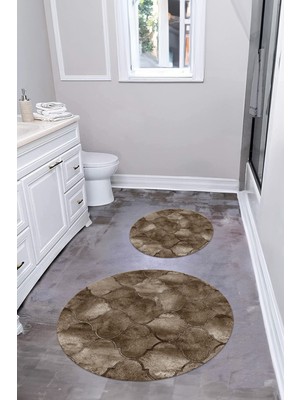 Napoli Home Dijital Yıkanabilir Kaymaz Kupa Desenli Yuvarlak Banyo Paspası Klozet Takımı, Klozet-81-Kahve,