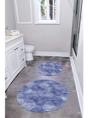 Napoli Home Dijital Yıkanabilir Kaymaz Kupa Desenli Yuvarlak Banyo Paspası Klozet Takımı, Klozet-81-Lacivert,