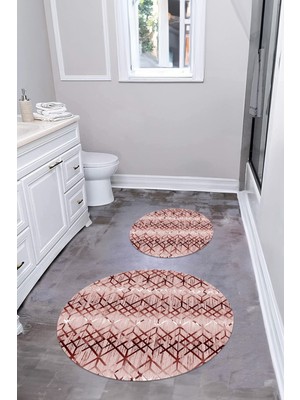 Napoli Home Dijital Yıkanabilir Kaymaz Çizgi Desenli Yuvarlak Banyo Paspası Klozet Takımı, Klozet-82-Bordo,