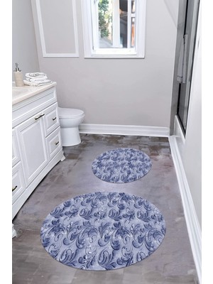Napoli Home Dijital Yıkanabilir Kaymaz Akrilik Desenli Yuvarlak Banyo Paspası Klozet Takımı, Klozet-83-Lacivert,
