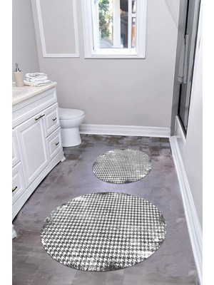 Napoli Home Dijital Yıkanabilir Kare Desen Detaylı Yuvarlak Banyo Paspası Klozet Takımı, Klozet-84-Gri,