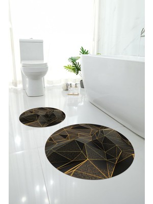 Napoli Home Baskılı Yıkanabilir Geometrik Desenli Yuvarlak Banyo Paspası Klozet Takımı, Klozet-87-Gold,