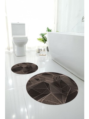 Napoli Home Baskılı Yıkanabilir Geometrik Desenli Yuvarlak Banyo Paspası Klozet Takımı, Klozet-87-Vizon,