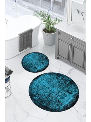 Napoli Home Dijital Yıkanabilir Kaymaz Klasik Model Yuvarlak Banyo Paspası Klozet Takımı, Klozet-94-Turkuaz,