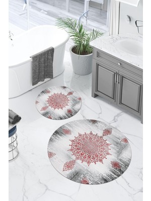 Napoli Home Dijital Yıkanabilir Sade Vektörel Desenli Yuvarlak Banyo Paspası Klozet Takımı, Klozet-95-Bordo,