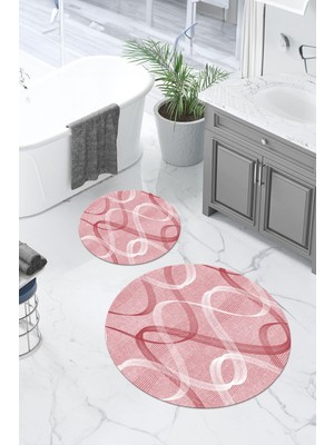 Napoli Home Dijital Yıkanabilir Kaymaz Sade Modern Klasik Yuvarlak Banyo Paspası Klozet Takımı, Klozet-98-Pembe,