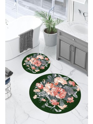 Napoli Home Baskılı Yıkanabilir Kaymaz Çiçek Detaylı Yuvarlak Banyo Paspası Klozet Takımı, Klozet-99-Yeşil,