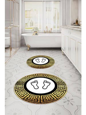 Napoli Home Dijital Yıkanabilir Çerçeveli Ayak Baskılı Yuvarlak Banyo Paspası Klozet Takımı, Klozet-52-Gold,