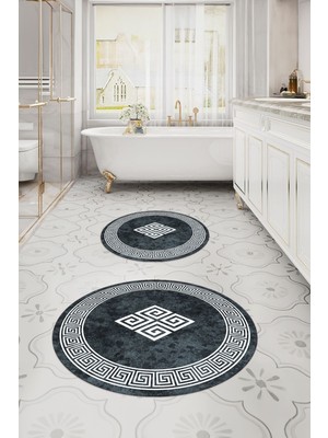 Napoli Home Dijital Yıkanabilir Çerçeveli Klasik Model Yuvarlak Banyo Paspası Klozet Takımı, Klozet-54-Antrasit,