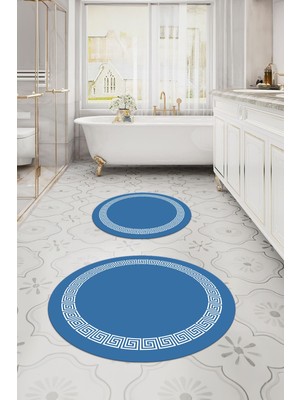 Napoli Home Dijital Yıkanabilir Kaymaz Sade Çerçeveli Yuvarlak Banyo Paspası Klozet Takımı, Klozet-56-Mavi,