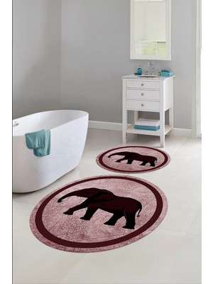 Napoli Home Baskılı Yıkanabilir Kaymaz Fil Figürlü Yuvarlak Banyo Paspası Klozet Takımı, Klozet-58-Bordo,