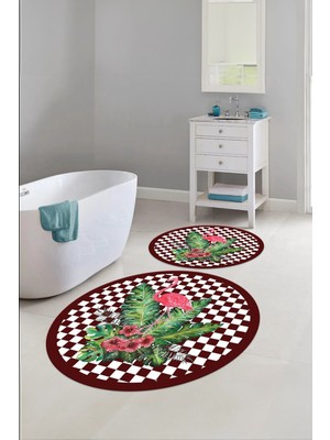 Napoli Home Dijital Yıkanabilir Kaymaz Flamingo Desenli Yuvarlak Banyo Paspası Klozet Takımı, Klozet-62-Kırmızı,