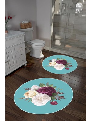 Napoli Home Dijital Yıkanabilir Kaymaz Çiçek Motifli Yuvarlak Banyo Paspası Klozet Takımı, Klozet-65-Turkuaz,