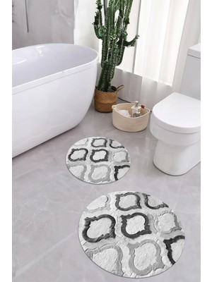 Napoli Home Baskılı Yıkanabilir Kaymaz Kupa Modelli Yuvarlak Banyo Paspası Klozet Takımı, Klozet-79-Gri,