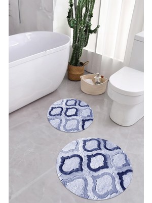 Napoli Home Dijital Yıkanabilir Kaymaz Kupa Modelli Yuvarlak Banyo Paspası Klozet Takımı, Klozet-79-Lacivert,