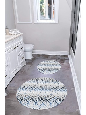 Napoli Home Dijital Yıkanabilir Kaymaz Çizgi Desenli Yuvarlak Banyo Paspası Klozet Takımı, Klozet-82-Lacivert,