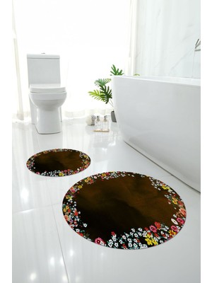 Napoli Home Dijital Yıkanabilir Renkli Çiçek Desenli Yuvarlak Banyo Paspası Klozet Takımı, Klozet-90-Kahve,