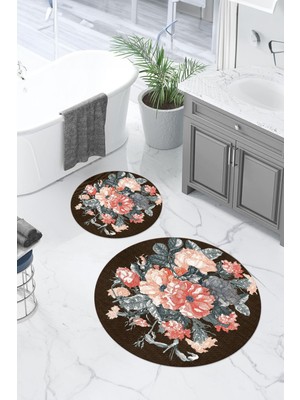 Napoli Home Baskılı Yıkanabilir Kaymaz Çiçek Detaylı Yuvarlak Banyo Paspası Klozet Takımı, Klozet-99-Kahve,