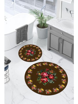 Napoli Home Dijital Yıkanabilir Çerçeveli Çiçek Desen Yuvarlak Banyo Paspası Klozet Takımı, Klozet-100-Kahve,