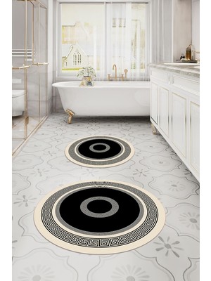 Napoli Home Dijital Yıkanabilir Kaymaz Klasik Model Yuvarlak Banyo Paspası Klozet Takımı, Klozet-53-Krem,