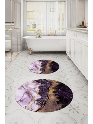 Napoli Home Dijital Yıkanabilir Kaymaz Mermer Model Yuvarlak Banyo Paspası Klozet Takımı, Klozet-55-Mor,