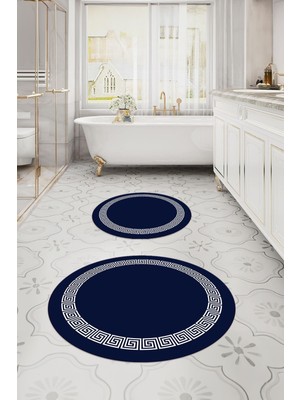 Napoli Home Dijital Yıkanabilir Kaymaz Sade Çerçeveli Yuvarlak Banyo Paspası Klozet Takımı, Klozet-56-Lacivert,